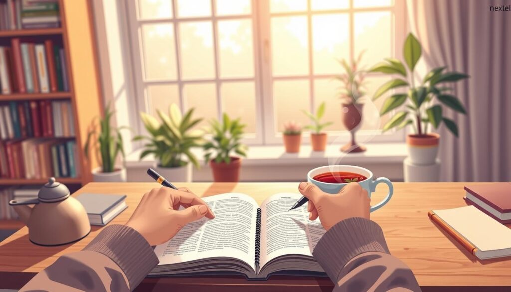 A calm, sunlit desk with an open journal, a fountain pen, and a cup of herbal tea, set up for reflective writing.