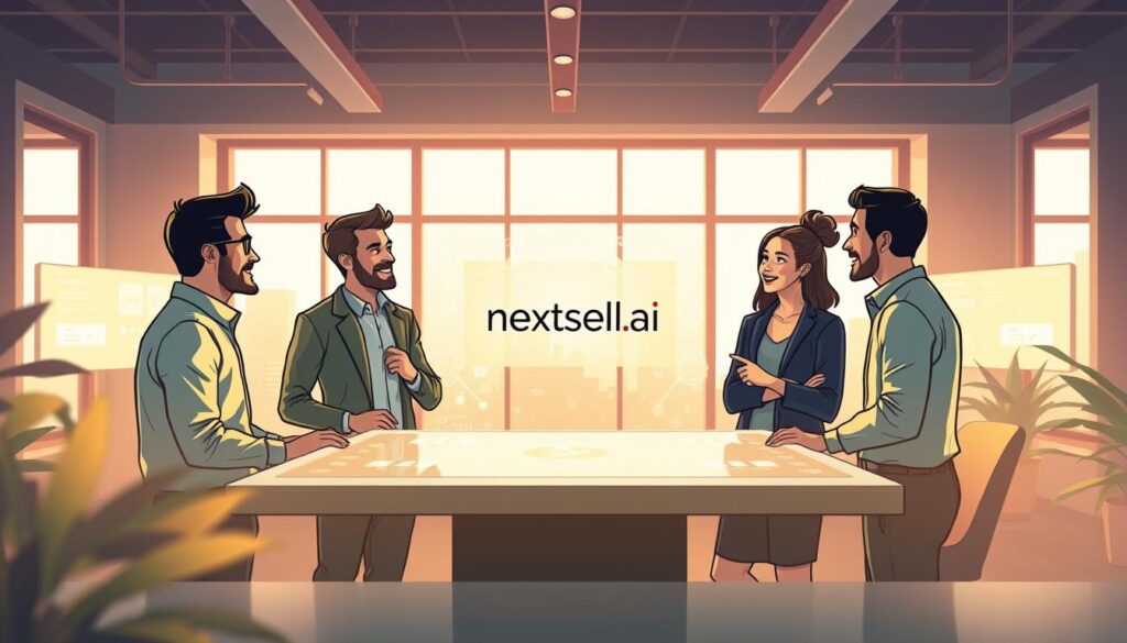 A serene and modern workspace, focusing on a central digital interface displaying "nextself.ai" in an engaging, high-tech design. In the foreground, a diverse group of three professionals—two men and one woman—are deeply engaged in discussion, wearing smart casual attire. They are animatedly sharing ideas and insights, suggesting collaboration and emotional growth. The middle ground features soft, glowing screens filled with graphics representing emotional intelligence techniques and data. In the background, large windows let in warm, natural light, creating a welcoming environment. The mood is inspiring and uplifting, suggesting a journey of personal development. Use a wide-angle lens to capture the dynamic setting, emphasizing connection and innovation in emotional growth. A serene and modern workspace, focusing on a central digital interface displaying "nextself.ai" in an engaging, high-tech design. In the foreground, a diverse group of three professionals—two men and one woman—are deeply engaged in discussion, wearing smart casual attire. They are animatedly sharing ideas and insights, suggesting collaboration and emotional growth. The middle ground features soft, glowing screens filled with graphics representing emotional intelligence techniques and data. In the background, large windows let in warm, natural light, creating a welcoming environment. The mood is inspiring and uplifting, suggesting a journey of personal development. Use a wide-angle lens to capture the dynamic setting, emphasizing connection and innovation in emotional growth.